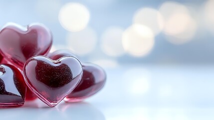 Shiny red heart-shaped glass objects against soft blue bokeh background, creating romantic atmosphere for Valentine's Day or love concept.