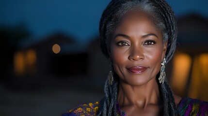 Elegant mature Black woman with dreadlocks and ornate earrings in evening portrait, soft lighting highlighting her confident smile against twilight background.