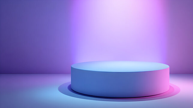 A minimalist, empty, cylindrical podium illuminated by soft purple and pink neon lights, casting a subtle shadow on a plain, reflective surface, perfect for product display or presentation