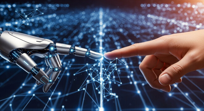 Human hand touches robot finger in digital background
