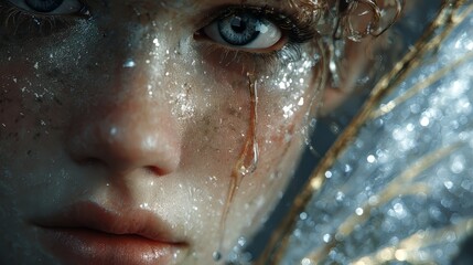Tears of beauty: sadness in the eyes and glitter water.
