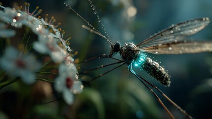 Detailed beetle with bioluminescence in darkness, realism.