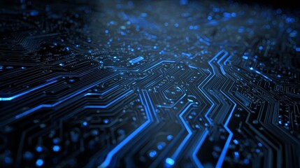 Complex scheme of a printed circuit board in blue light.