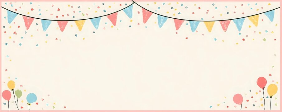 Festive party banner with colorful bunting flags and balloons on cream background, perfect for celebration invitations or event announcements.