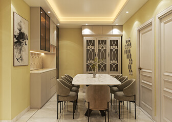 Modern interior Dining room design and Dining table and furniture.  