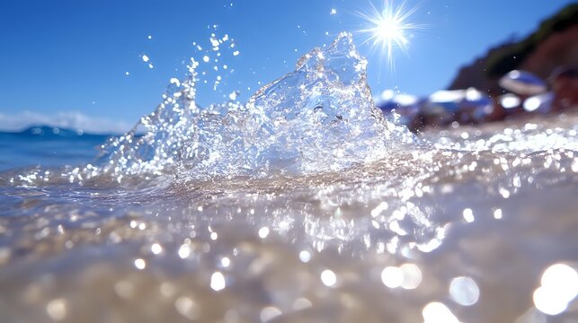 Crystal clear ocean wave splashing on sandy beach with sunlight creating sparkling bokeh effect against blue sky background.