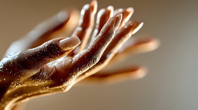 Golden hands reaching upward with water droplets on skin surface, symbolizing hope, spirituality, and human connection in wellness and meditation practices. - Powered by Adobe
