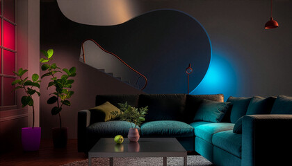 Modern Living Room Interior with Colorful Ambient Lighting—Luxury Home Decor Concept