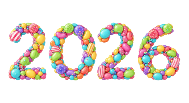 Colorful 2026 numbers made of candies isolated on transparent background