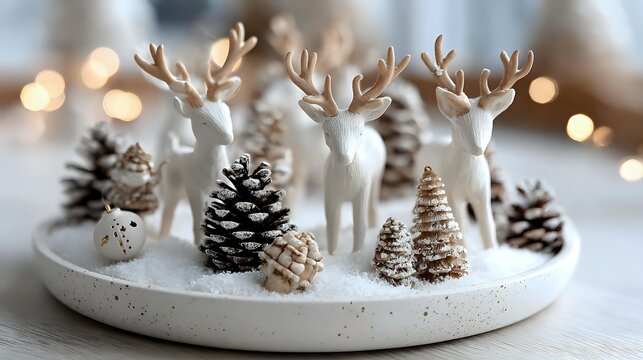 Festive winter decoration with white ceramic deer figurines, pine cones, and miniature trees on a round tray with artificial snow.