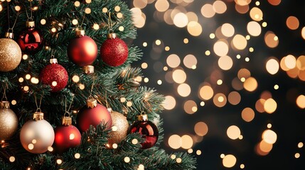A beautiful Christmas tree is adorned with red and gold ornaments, glowing amidst soft, sparkling lights during the festive season