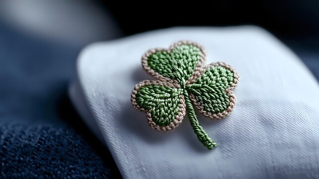 Handcrafted green shamrock embroidery pin on white fabric against blue background, symbolizing Irish heritage and luck for St. Patrick's Day celebrations. - Powered by Adobe