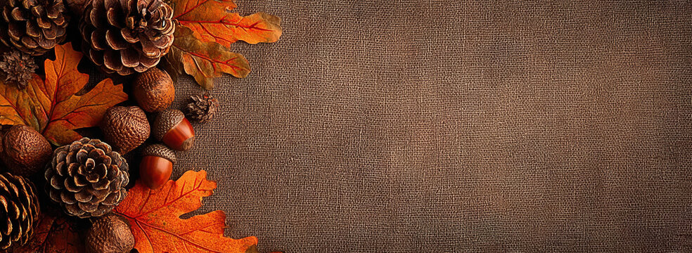 An autumn border of pine cones, acorns, and orange leaves on a rustic brown textured background with copy space. - Powered by Adobe