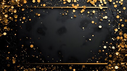 Elegant black background with scattered gold glitter confetti and thin gold frame, creating luxurious festive atmosphere for celebration designs.