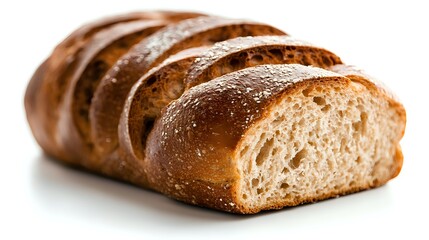 Freshly baked artisan bread loaf with crusty exterior and soft interior crumb, partially sliced to show texture on white background for food photography.