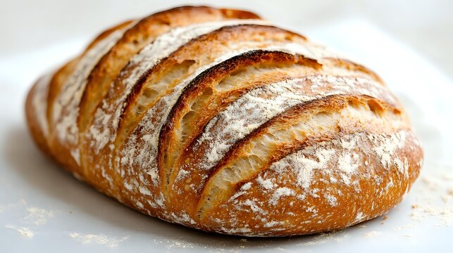 Freshly baked artisan sourdough bread with golden crust and flour dusting, showcasing distinctive scoring pattern on white background. - Powered by Adobe