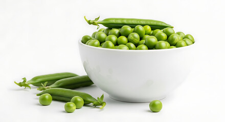 Fresh green peas overflowing from a white bowl with pods on white background