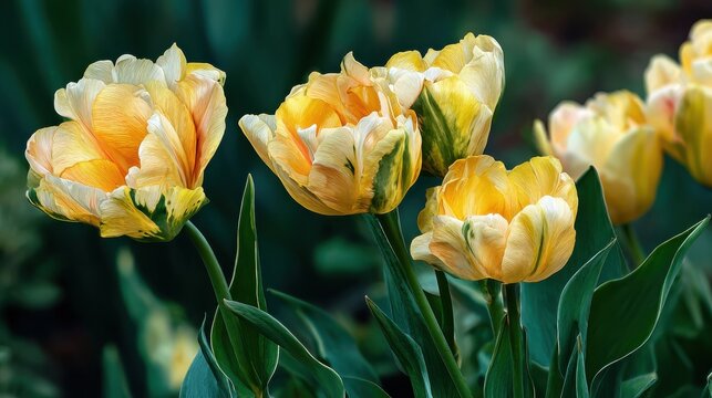 variegated leaves and yellow darwin hybrid tulips tulipa blossoming in a garden in early spring