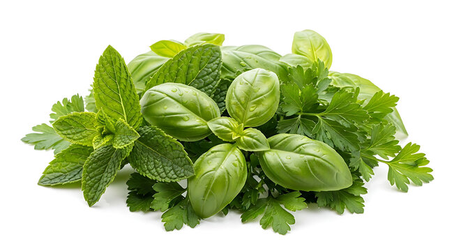 Fresh green herbs bundle isolated on white background for culinary use
