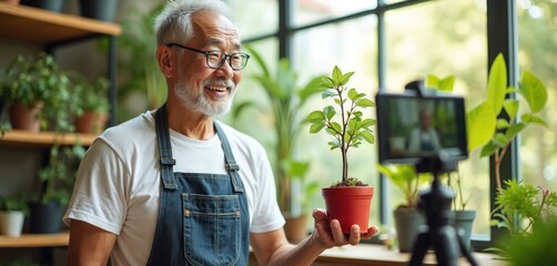 Smiling senior Asian man records video in plant shop. Proudly holds small potted green plant for online review. Elder gardener sells houseplants on social media, streaming live, connecting with