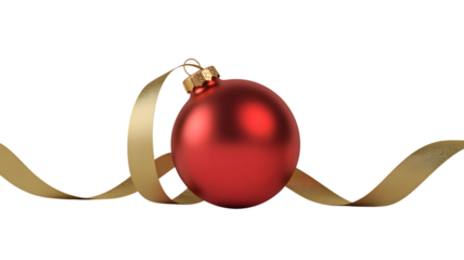 A single red christmas ornament with a gold ribbon isolated on transparent background