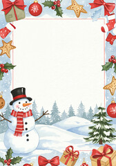 Snowman greeting card design with festive decorations and winter scene, copy space 