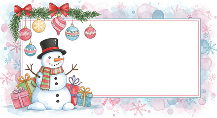 Snowman with Christmas decorations and presents in winter scene  
