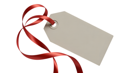 Blank gift tag with red ribbon isolated on transparent background