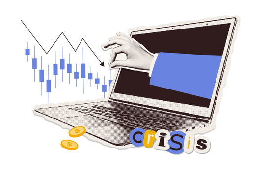 Trendy Halftone Collage Stock market trading decline chart. Laptop with hand and arrow going down. Economic Crisis and despair. Investment losses. Vintage vector illustration