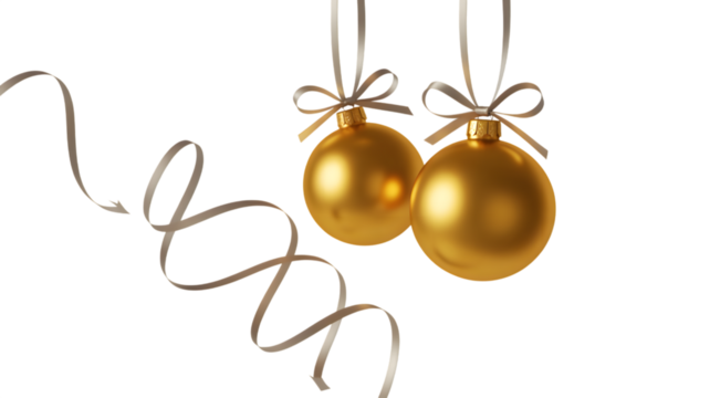 Two golden christmas baubles hanging with ribbon isolated on transparent background