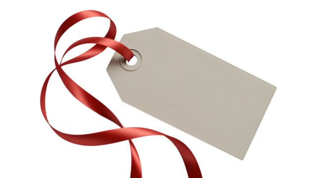 Blank gift tag with red ribbon isolated on transparent background