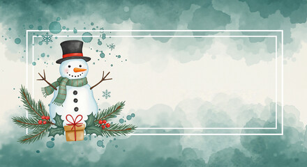 Snowman with gift and pine branches in winter watercolor design  