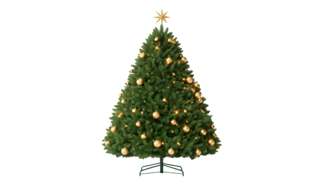 A beautifully decorated christmas tree with golden ornaments and lights, isolated on transparent background