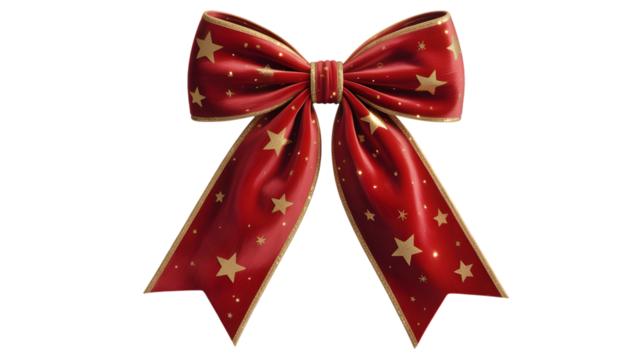 Red ribbon bow with gold stars and trim, isolated on transparent background