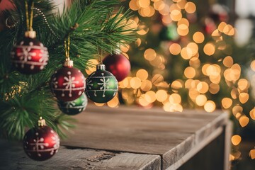 Christmas tree decorated with red and green ornaments and glowing lights 