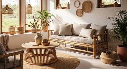 Bohemian living room with rattan furniture and natural light from the window