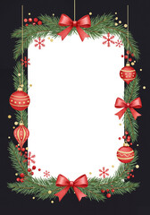 Christmas frame with decorative ornaments and pine branches  