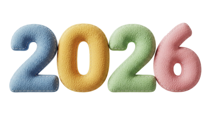Colorful fluffy numbers 2026 happy new year isolated on transparent background