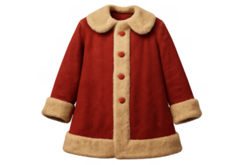 Festive red coat with faux fur trim and buttons, symbolising christmas, winter holidays, and celebration on transparent background
