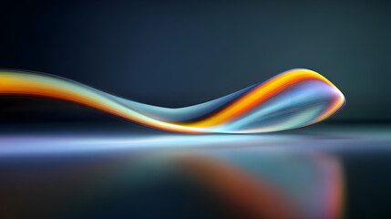 Dynamic abstract shape composed of luminous particles, transitioning through a spectrum of warm and cool colors, creating a sense of speed and transformation on a reflective surface