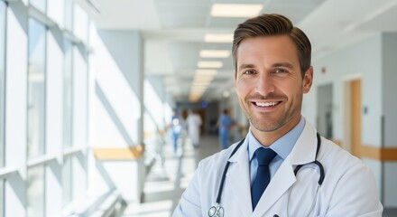 Smiling doctor standing in a modern hospital hallway with natural lighting
