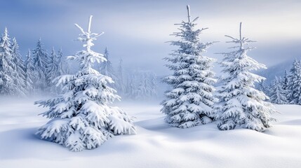 Fototapeta premium Snow blankets the mountains, while a soft fog covers the valley below, creating a peaceful winter scene in nature