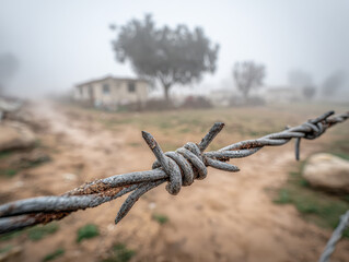 Barbed wire fence covered in frost with foggy background of rural landscape, showcasing soft focus on wire and blurred scenery of trees and buildings in distance.