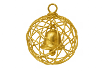 Gold wireframe bauble with bell inside, metallic christmas ornament hanging, festive holiday decoration on transparent background