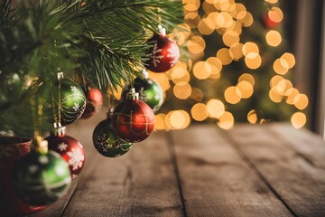 Christmas tree decorated with red and green ornaments and glowing lights creating warm festive holiday atmosphere