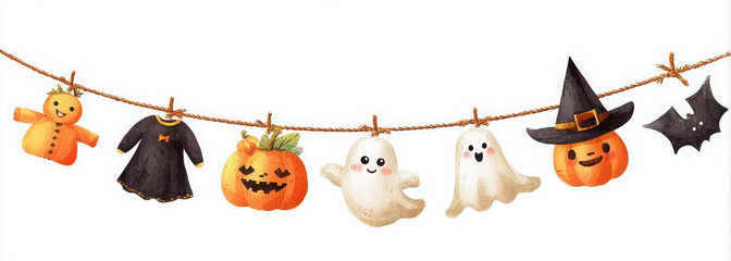 Halloween garland with pumpkin, ghost, bat, and witch hat hanging on a string.