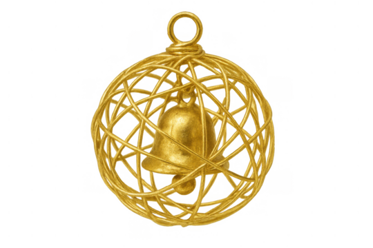 Gold wireframe bauble with bell inside, metallic christmas ornament hanging, festive holiday decoration on transparent background