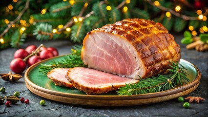 Delicious slice of Christmas ham with a golden crust, garnished with festive greenery and spices on ceramic plate. Slice of Christmas ham brings holiday cheer to dining table.