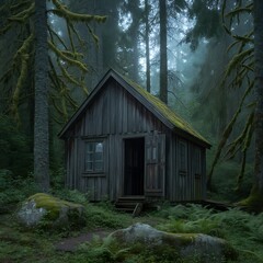 Mystical Wooden Cabin in a Forest with Fog and Moss Covered Trees Tranquil Nature Scene