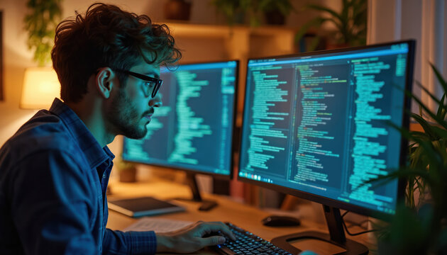 Man at desk types code on keyboard. He looks at dual computer screens filled with data. Home office setting with potted plants and warm lamp light.